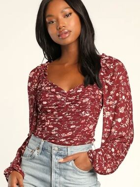 Lulus Blooming with Bliss Burgundy Floral Ruched Long Sleeve Bodysuit